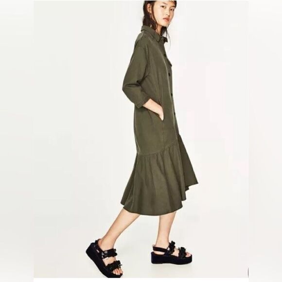ZARA Trafaluc TRF Olive Khaki Oversized Shirt Dress w/ Frill Ruffle M - Picture 1 of 13
